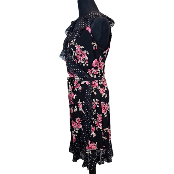 White House Black Market Sleeveless Faux Wrap Dress 8 Polka Dot Floral Trad Wife - Picture 3 of 14